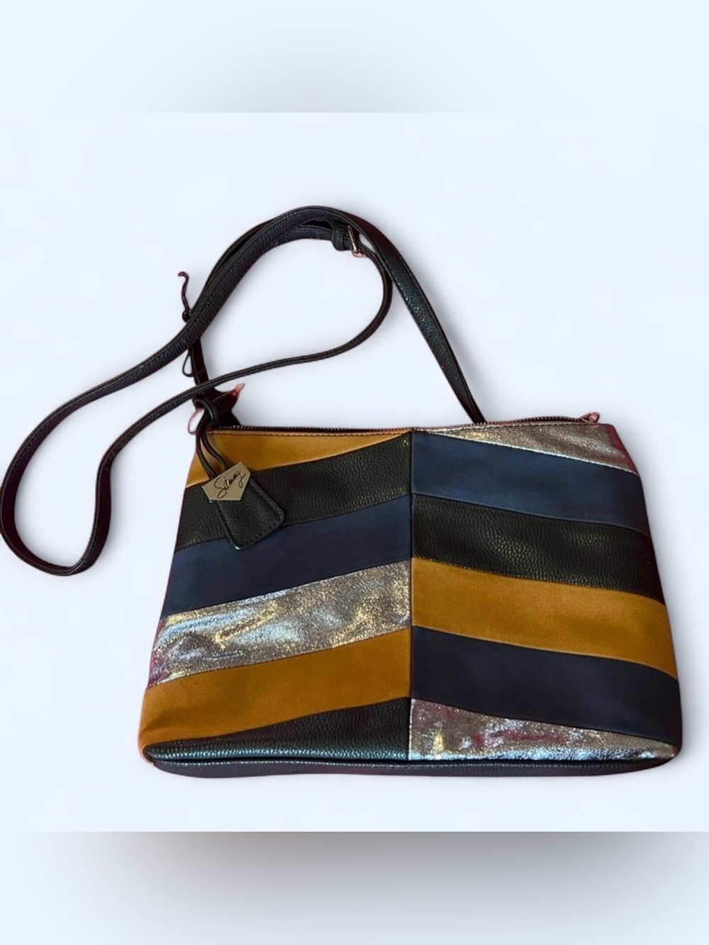 Chevron Colorblock Shoulder Bag in Mustard, Navy & Black with Metallic Accents